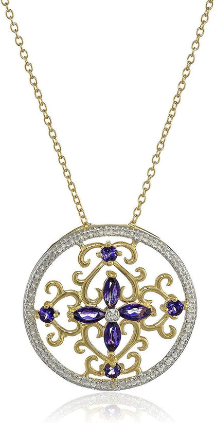 18K Yellow Gold - Plated .925 Sterling Silver Diamond - Accented Gemstone Floral Filigree Cross round 1" Pendant Necklace on 18" Chain - Choice of Birthstones - WORLD TIME VISITS