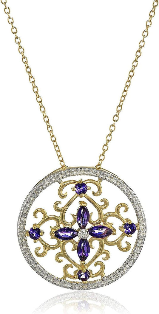 18K Yellow Gold - Plated .925 Sterling Silver Diamond - Accented Gemstone Floral Filigree Cross round 1" Pendant Necklace on 18" Chain - Choice of Birthstones - WORLD TIME VISITS