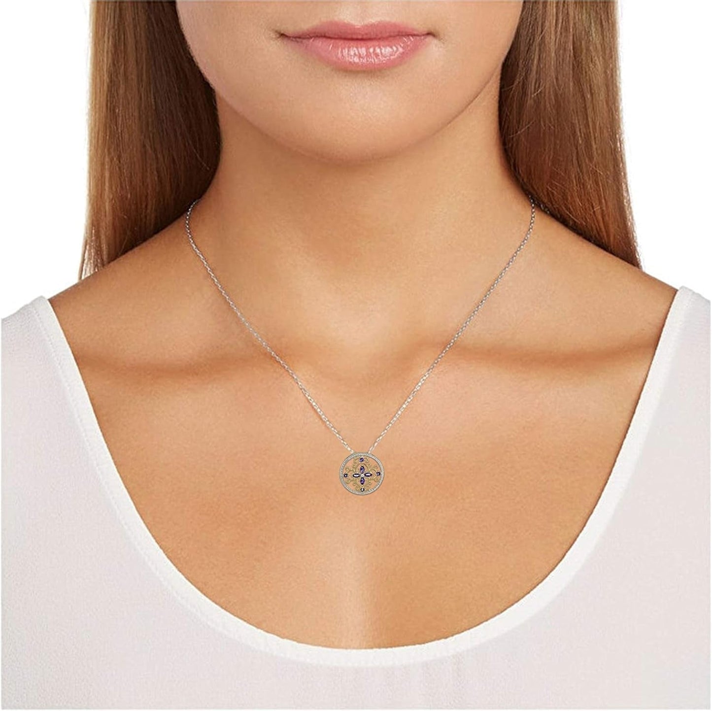 18K Yellow Gold - Plated .925 Sterling Silver Diamond - Accented Gemstone Floral Filigree Cross round 1" Pendant Necklace on 18" Chain - Choice of Birthstones - WORLD TIME VISITS