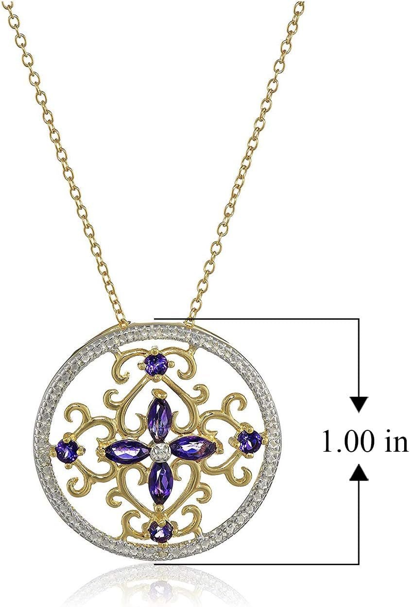 18K Yellow Gold-Plated .925 Sterling Silver Diamond-Accented Gemstone Floral Filigree Cross round 1" Pendant Necklace on 18" Chain - Choice of Birthstones