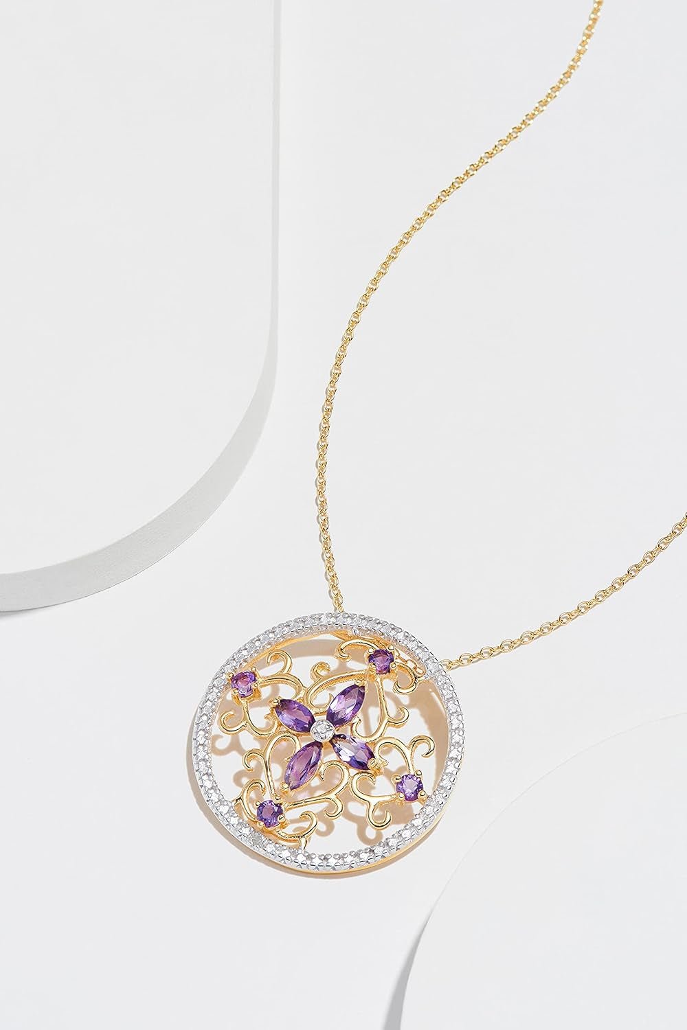 18K Yellow Gold-Plated .925 Sterling Silver Diamond-Accented Gemstone Floral Filigree Cross round 1" Pendant Necklace on 18" Chain - Choice of Birthstones