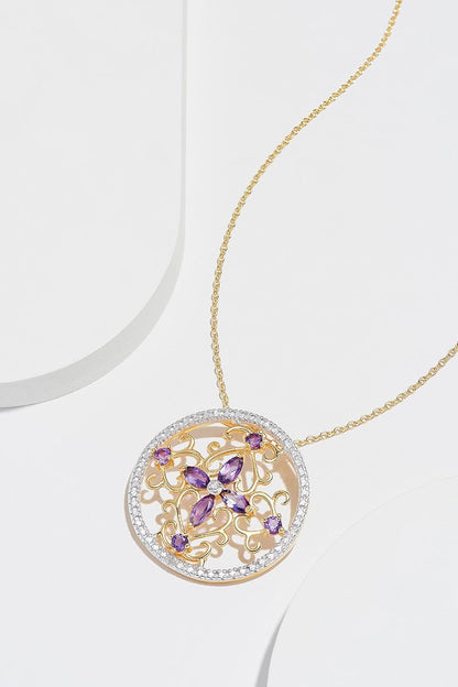 18K Yellow Gold-Plated .925 Sterling Silver Diamond-Accented Gemstone Floral Filigree Cross round 1" Pendant Necklace on 18" Chain - Choice of Birthstones