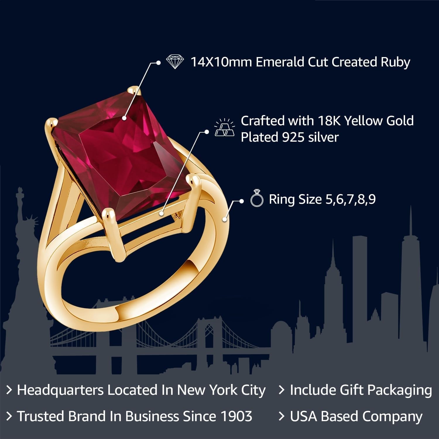 18K Yellow Gold Plated Silver Emerald Cut Created Ruby Solitaire Ring for Women (8.00 Cttw Available in Size 5, 6, 7, 8, 9) - WORLD TIME VISITS