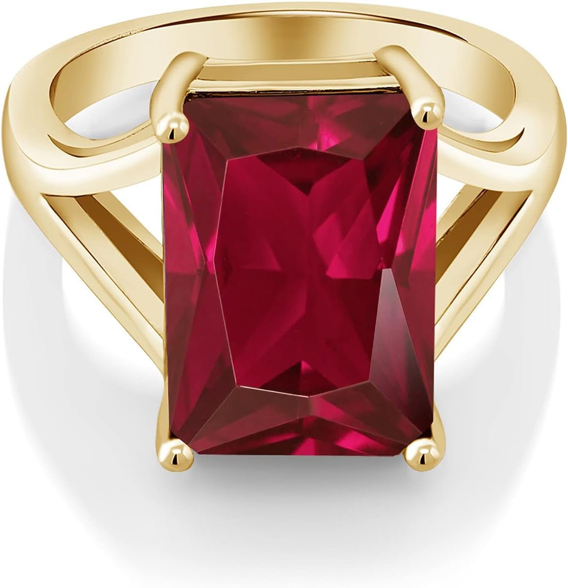 18K Yellow Gold Plated Silver Emerald Cut Created Ruby Solitaire Ring for Women (8.00 Cttw Available in Size 5, 6, 7, 8, 9)