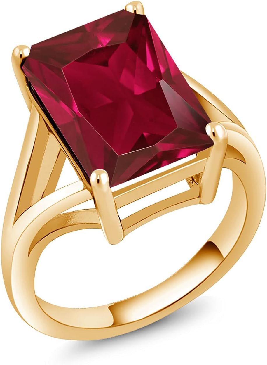 18K Yellow Gold Plated Silver Emerald Cut Created Ruby Solitaire Ring for Women (8.00 Cttw Available in Size 5, 6, 7, 8, 9) - WORLD TIME VISITS