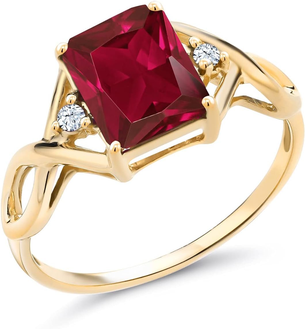 18K Yellow Gold Plated Silver Red Created Ruby Ring for Women (2.83 Cttw, Emerald Cut 9X7MM, Gemstone Birthstone, Available in Size 5, 6, 7, 8, 9) - WORLD TIME VISITS