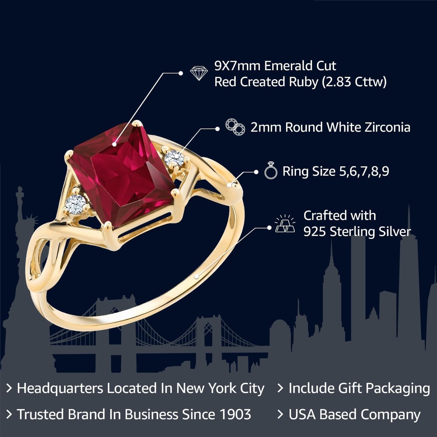 18K Yellow Gold Plated Silver Red Created Ruby Ring for Women (2.83 Cttw, Emerald Cut 9X7MM, Gemstone Birthstone, Available in Size 5, 6, 7, 8, 9) - WORLD TIME VISITS