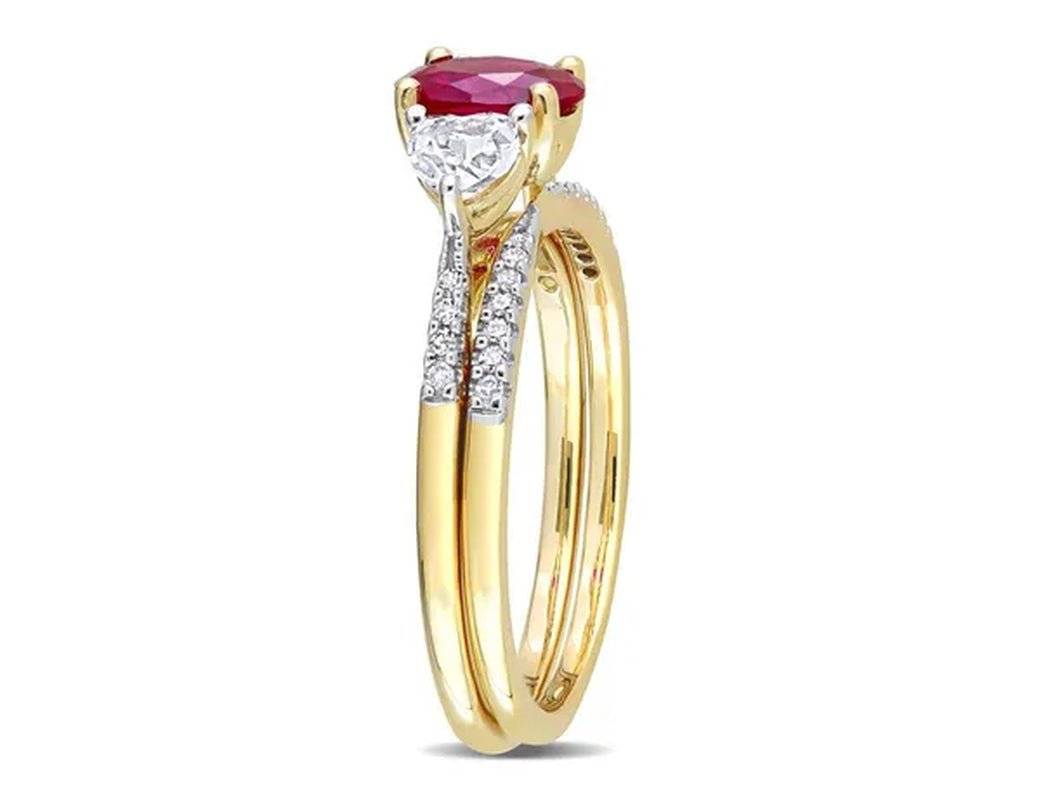 1.90 Carat (ctw) Lab-Created Ruby and White Sapphire Bridal Engagement Wedding Ring Set 10K Yellow Gold