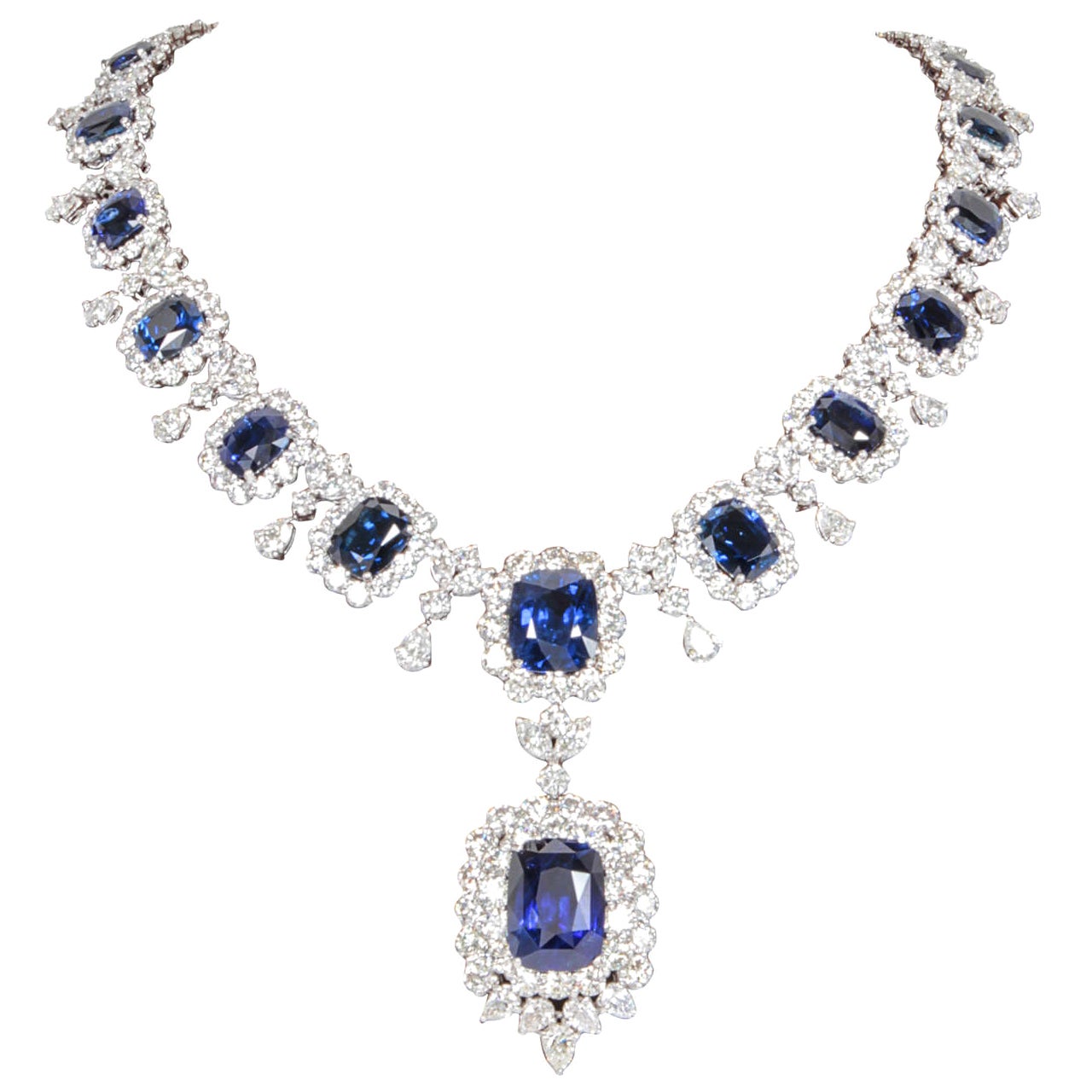 Important 75.5ct Cushion Cut Sapphire and 45ct Diamond Platinum Necklace
