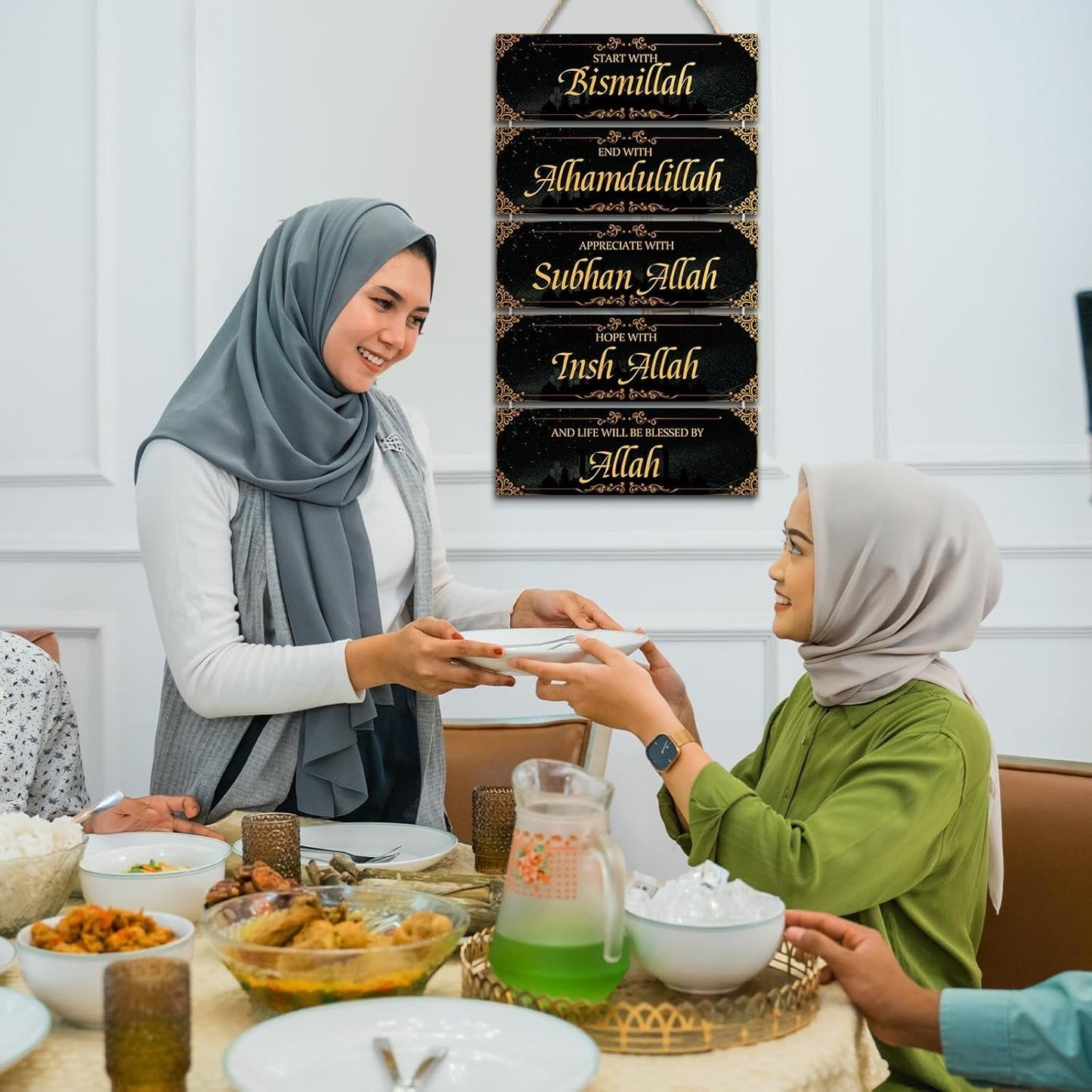 Islamic Wooden Wall Sign Decor Ramadan Decorations for Home Eid Ramadan Mubarak Eid Al Adha Decor Start with Bismillah End with Alhamdulillah Inspirational Wall Art for Muslim Home(Black, Gold)