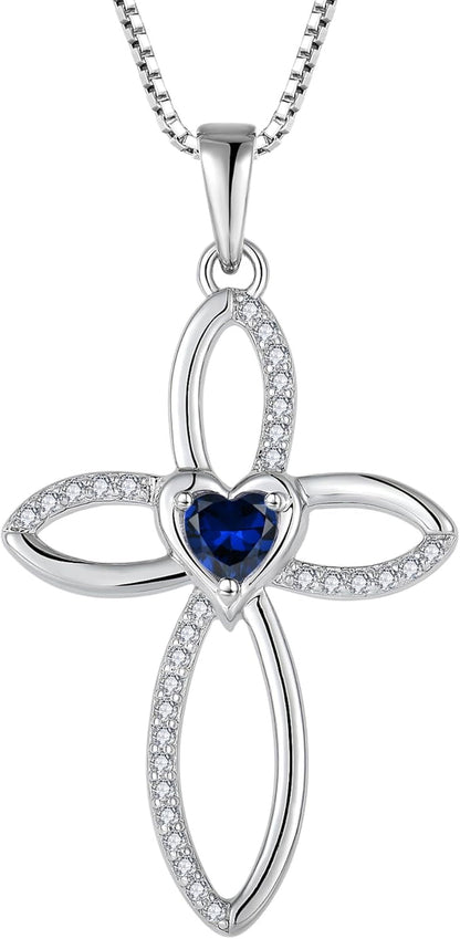 Celtic Knot Cross Necklace Sterling Silver Crucifix Pendant Heart Birthstone Religious Jewelry for Women - WORLD TIME VISITS