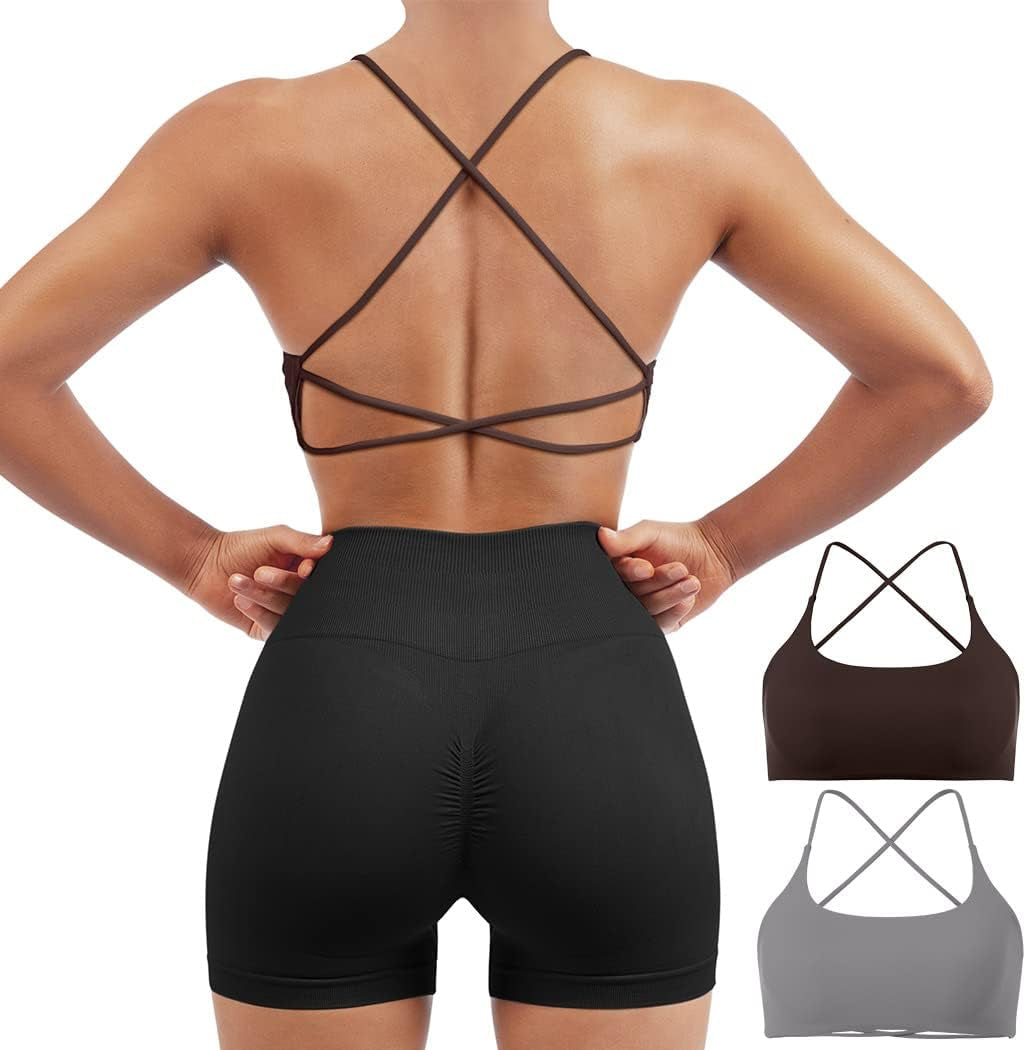 Women 2 Piece Open Back Sports Bra Pack Strappy Workout Gym Yoga Crops