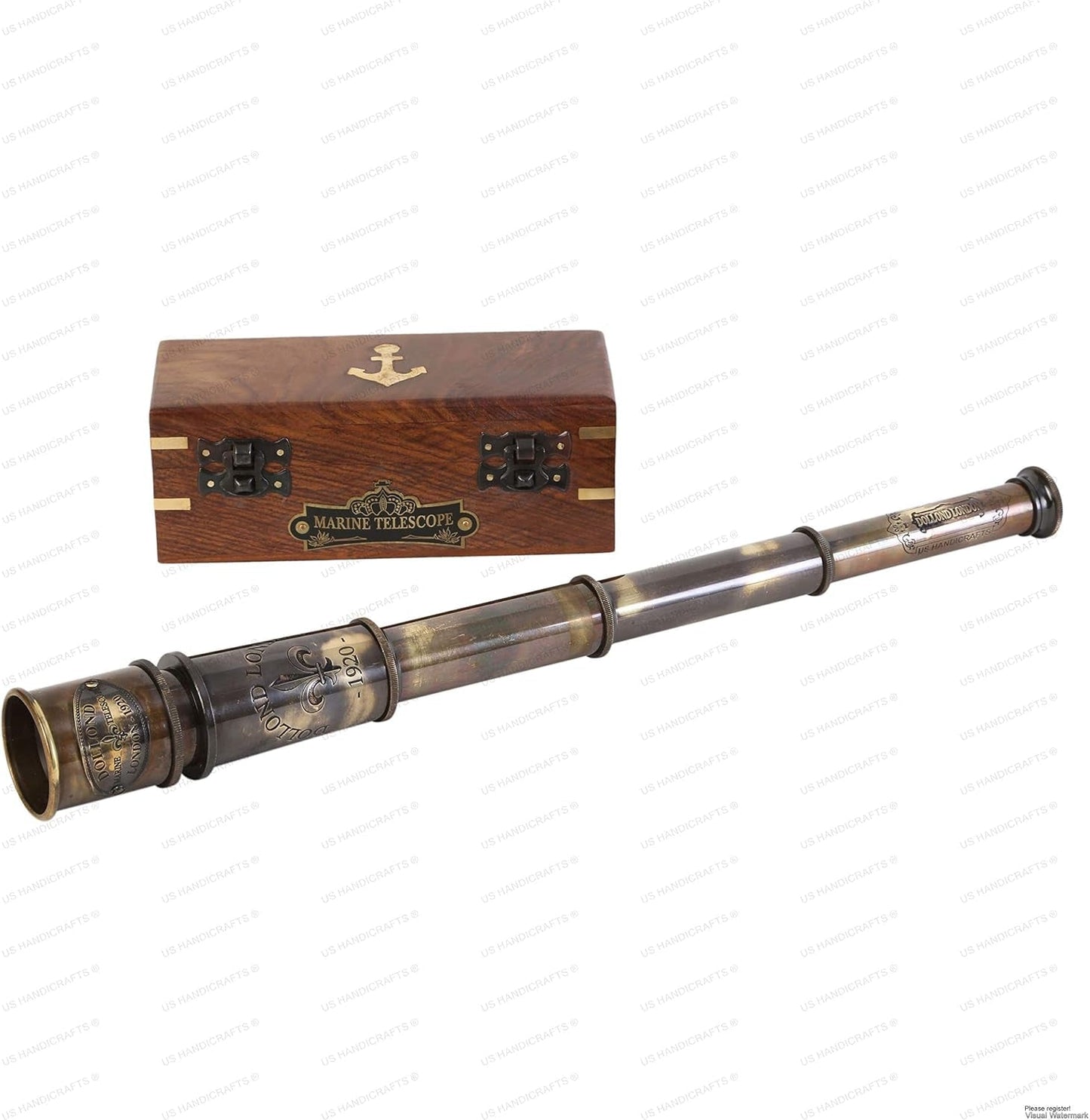1920 Marine Telescope Collectible Décor Nautical Spyglass Antique Mounted Solid Brass 15 Inch Pirate Telescope with Wooden and Branded Corrugate Box.