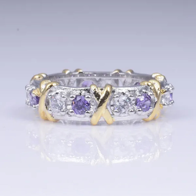 Brand Jewelry Lady's 925 Sterling Silver pink Tanzanite Couple rings Yellow Gold Cross Eternal Wedding Ring for Women