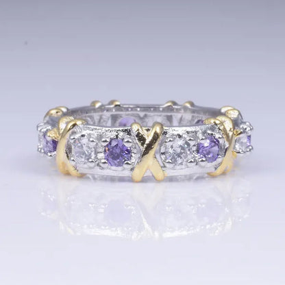 Brand Jewelry Lady's 925 Sterling Silver pink Tanzanite Couple rings Yellow Gold Cross Eternal Wedding Ring for Women