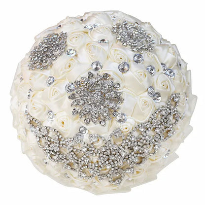 21CM Creative Handmade Diamond Flower Brooch Bouquet Ribbon Silk Rose Wedding Flower Bridal Bouquet Bridesmaid Holding Flowers