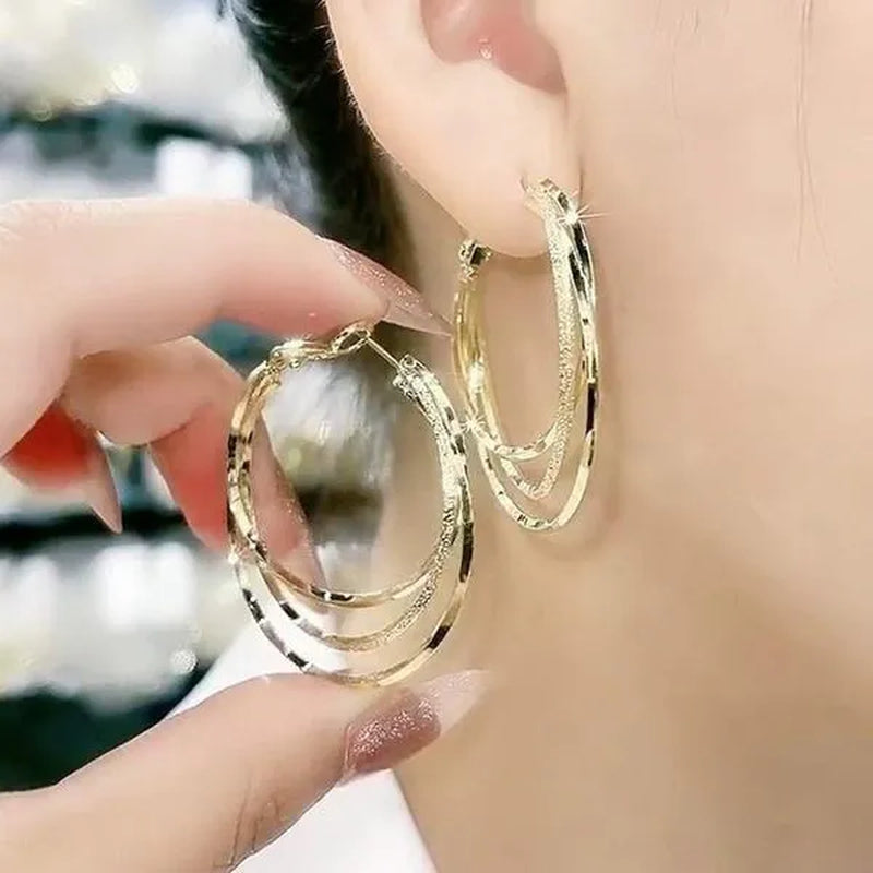 Exquisite Silver Plated Gold Color Three-layer Circle Exaggerated Simple Earrings Romantic Valentine's Day Gift Engagement Earrings Wedding Earrings Anniversary Hoop Earrings Women's European and American Fashion Female Jewelry - WORLD TIME VISITS