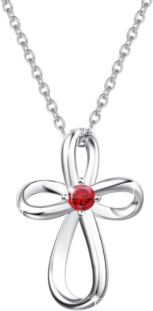 White Gold Plated 925 Sterling Silver Birthstone Open Loop Celtic Ribbon Cross Crucifix Infinity Pendant Necklace Cute Gifts for Women Girls, 16" + 2" Extender - WORLD TIME VISITS