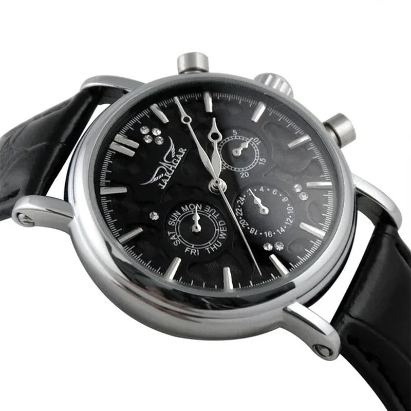 JARAGAR Automatic Mechanical Genuine Leather Strap Wrist Watch Luxury Gift for Men Fashion White Crystal Diamond Jewelry Accessories - WORLD TIME VISITS