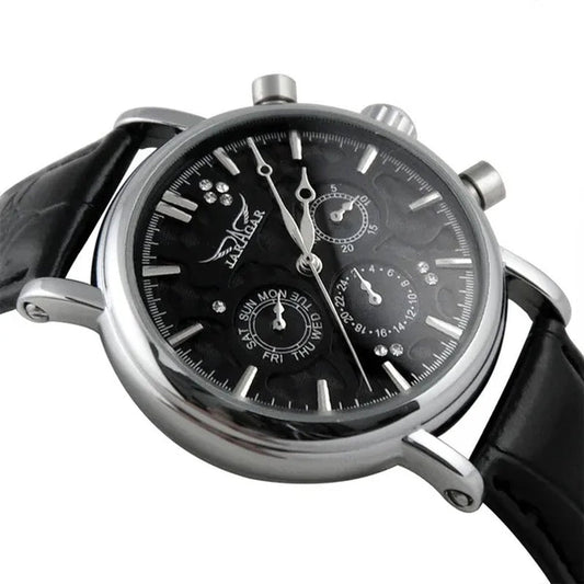 JARAGAR Automatic Mechanical Genuine Leather Strap Wrist Watch Luxury Gift for Men Fashion White Crystal Diamond Jewelry Accessories - WORLD TIME VISITS