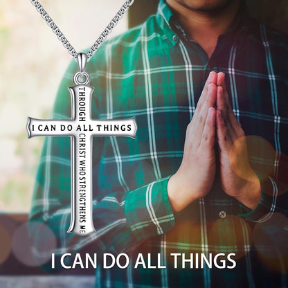 Men'S Cross Necklace Sterling Silver Catholic Faith Cross Pendant Necklace Christian Jewelry Gifts for Men