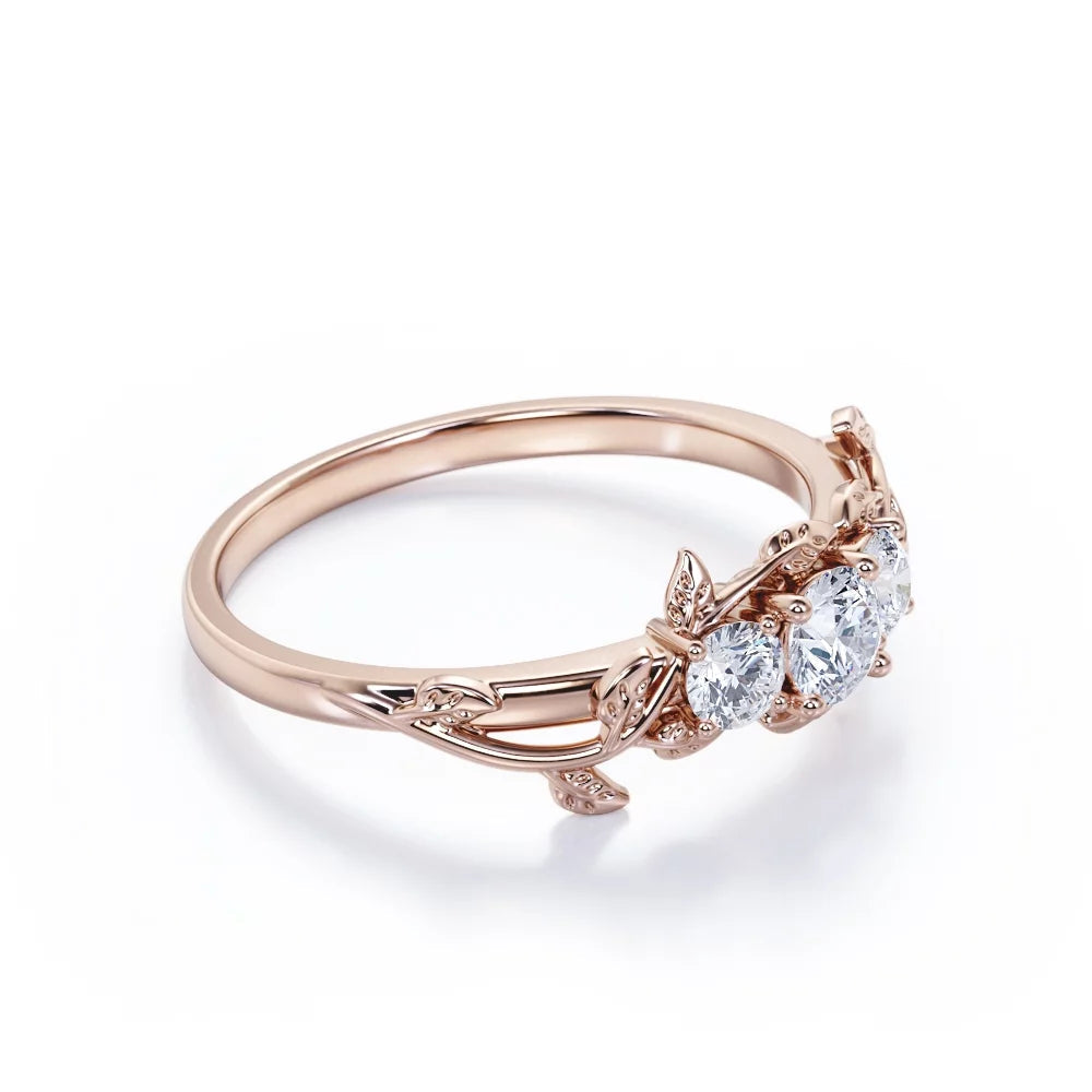 Trio Stone - 0.5 Carat round Shaped Diamond - Botanical Design Engagement Ring - 10K Rose Gold