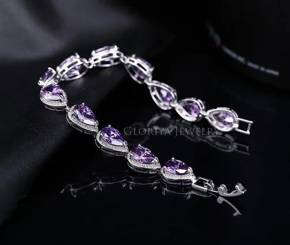 Gloriya Fashion Brand Dazzling Wedding Jewelry for Luxury Pear Cut CZ Zirconia Setting White Gold Plated Woman Party Bracelets Bangles（Size :18 Cm + 3 Cm）