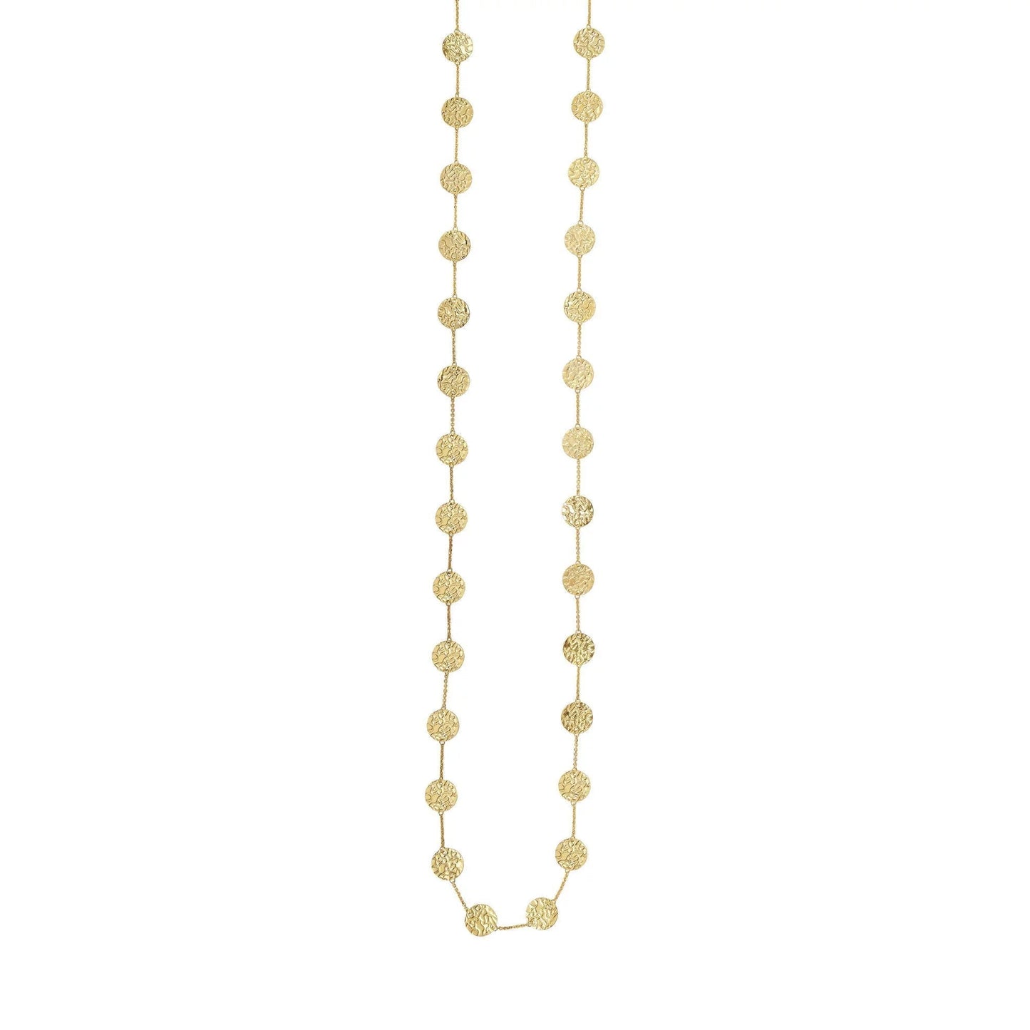 14K Yellow Gold Shiny Hammered Disc Rolo Type Chain Long Link Necklace 38" Spring Ring Clasp by