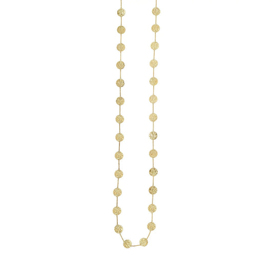 14K Yellow Gold Shiny Hammered Disc Rolo Type Chain Long Link Necklace 38" Spring Ring Clasp by
