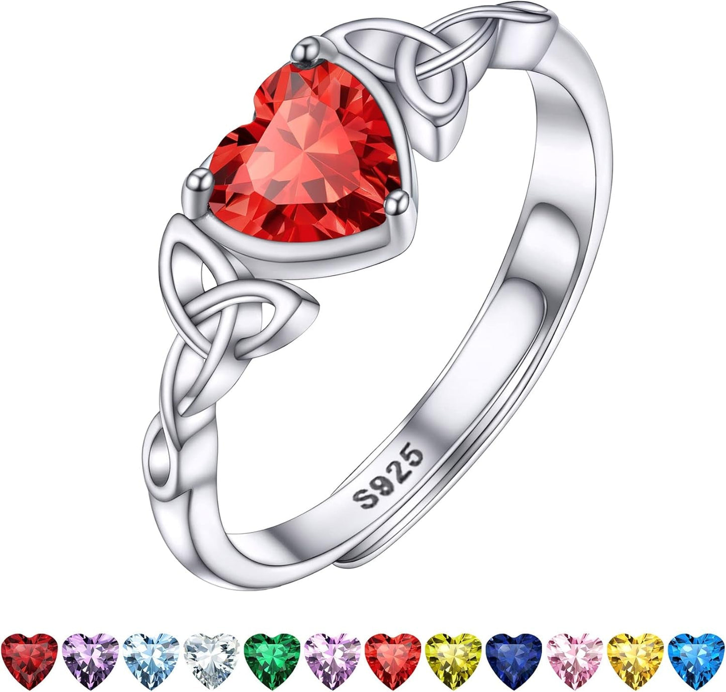 Sterling Silver Celtic/Claddagh Birthstone Ring for Women, Hypoallergenic Celtic Silver Ring for Women, Adjustable Open Silver Thumb Ring, Love Promise Ring for Her, Great Birthday Gift