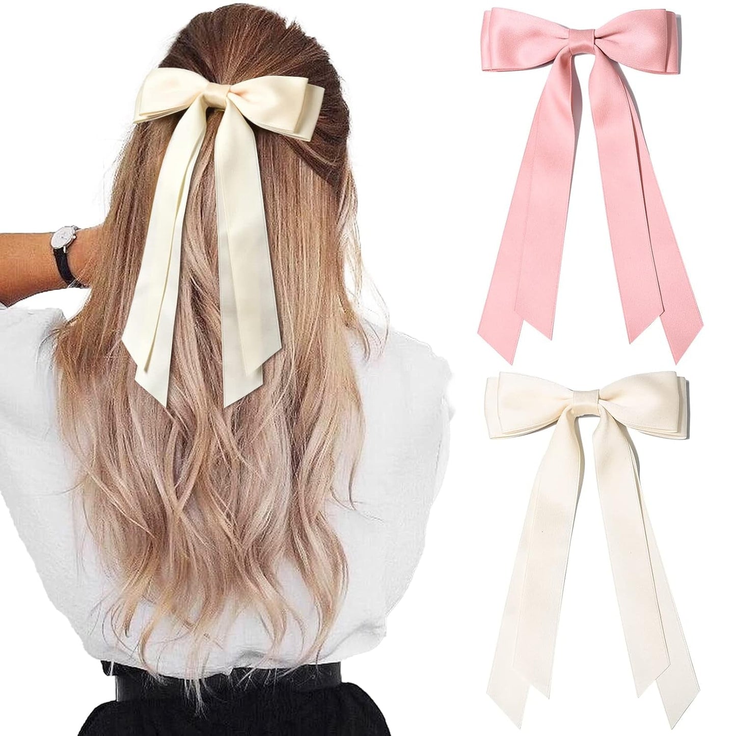 2PCS Silky Satin Hair Bows Hair Clip Beige Pink Hair Ribbon Ponytail Holder Accessories Slides Metal Clips Hair Bow for Women Girls Toddlers Teens Kids