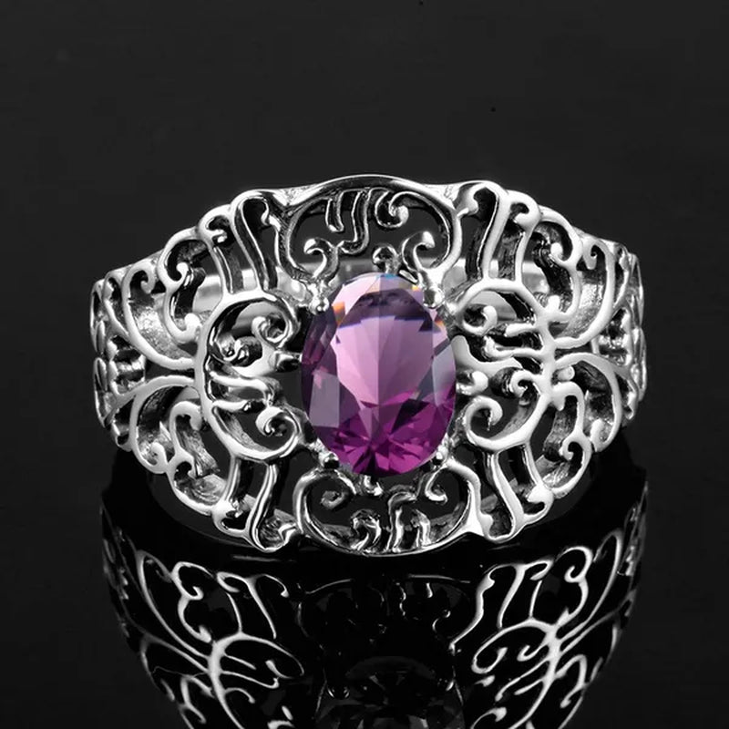 2017 Luxury Big Purple Created Amethyst Stone Ring Vintage Crystal Antique Rings for Women Party Christmas Gift Turkish Jewelry