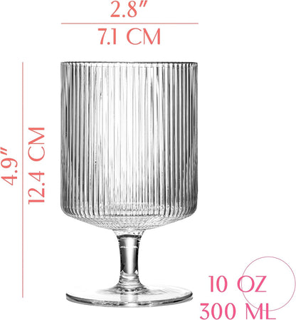 Vintage Art Deco Ribbed Goblet Cocktail Glasses with Stem | Set of 4 | 10 Oz Short Stemmed Crystal Tumblers for Drinking Classic Whiskey, Gin, Vodka Bar Drinks - WORLD TIME VISITS