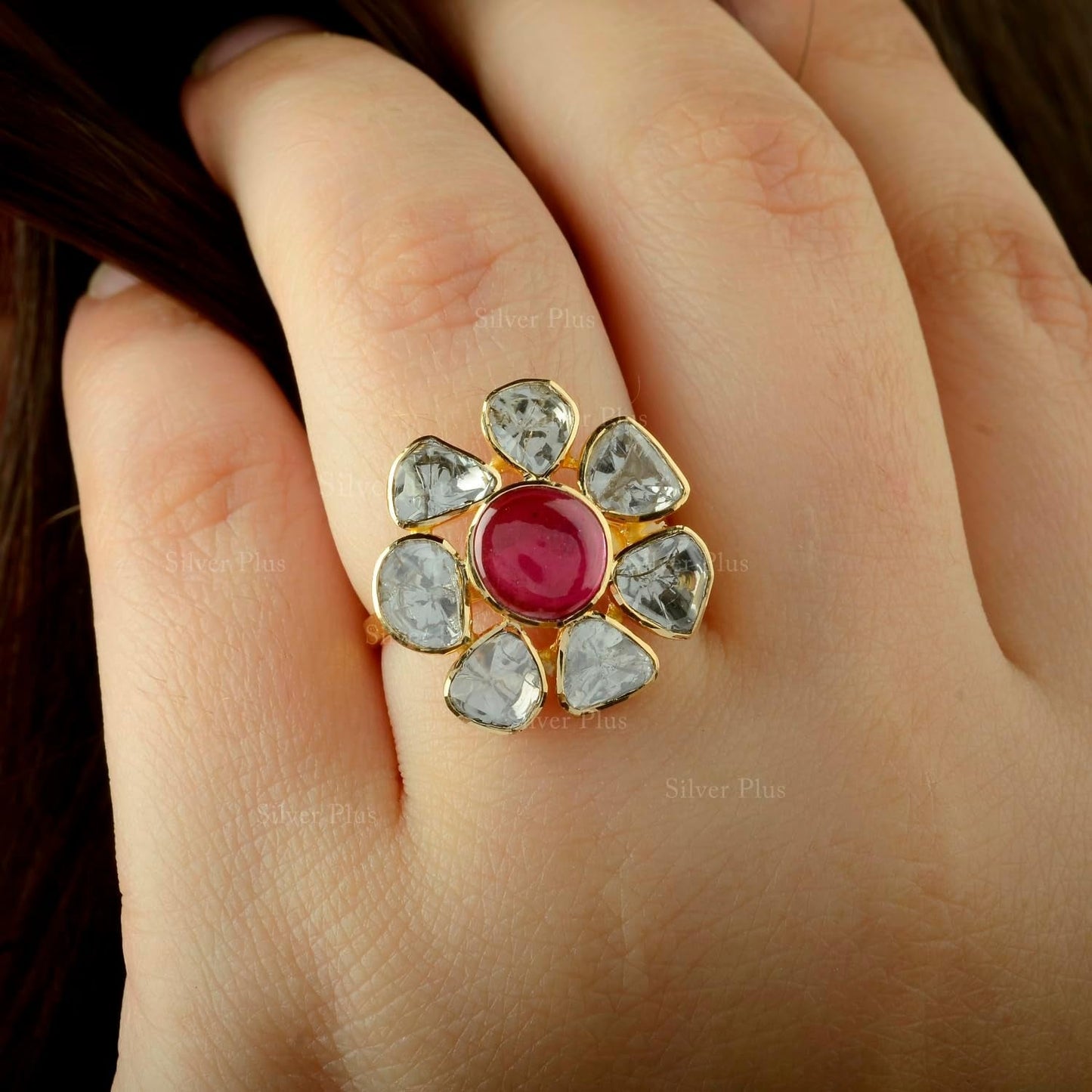 Solid 18K Yellow Gold Genuine Cabochon Ruby and Diamond Polki Ring Traditional Jewelry