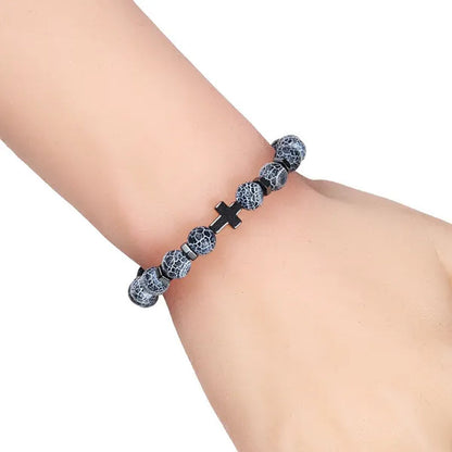Hot Men Natural Tiger Eye Beads Hematite Cross Bracelets Onyx Meditation Prayer Bead Bracelet Women Stone Yoga Jewelry Homme