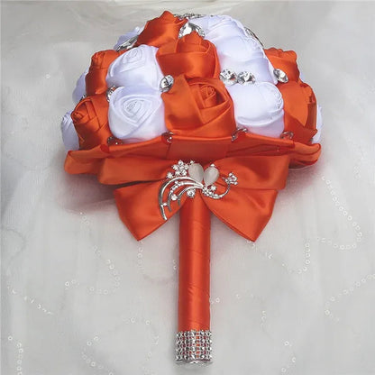 Private Custom Wedding Flower Bride Bouquet 18CM Silk Rose Wedding Bouquet Crystal Brooch Ribbon Bow Bride Bridesmaid Holding Flowers