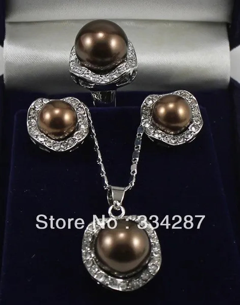 Fine Jewelry Brown South Sea Shell Pearl Earring Pendant Ring Set