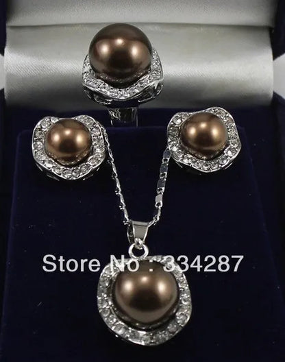 Fine Jewelry Brown South Sea Shell Pearl Earring Pendant Ring Set