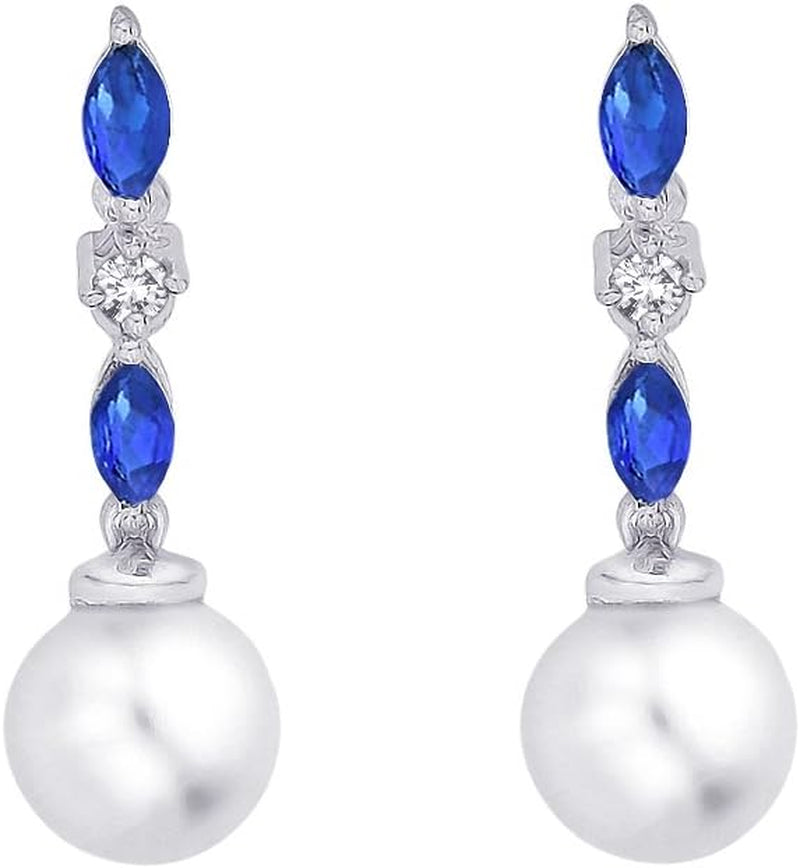 Cultured Freshwater Pearl and 1/20 Ct. Diamond with 1/2 Ct. Sapphire Earrings in 14K White Gold - WORLD TIME VISITS