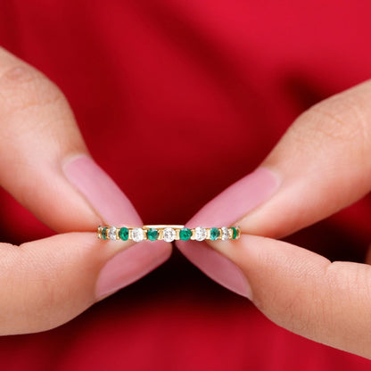 Real Emerald Half Eternity Ring with Moissanite for Women (0.75 CT, AAA Quality), 14K Yellow Gold, US 11.00