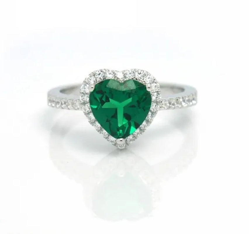 NEW 925 sterling silver Green heart AAA CZ CZircon lady wedding Ring