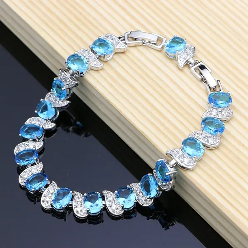 Square Sky Blue Topaz 925 Sterling Silver Jewelry Sets for Women Earrings/Pendant/Necklace/Rings/Bracelet