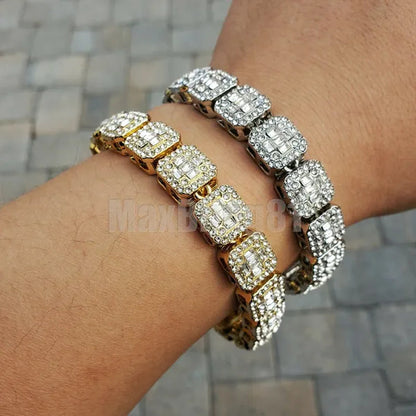 Hip Hop Gold Silver Iced Lab Diamond Baguette Stone Chain Fashion Bracelet