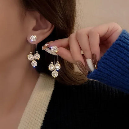 New Luxurious Round Rhinestone Tassel Dangle Stud Earrings For Women Shiny Temperament Gold Silver Color Earrings