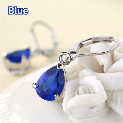 Women Silver Plated Pink Blue Cubic Zirconia Earrings Water Drop Pendant Earrings Bride Wedding Engagement Anniversary Gift Jewelry