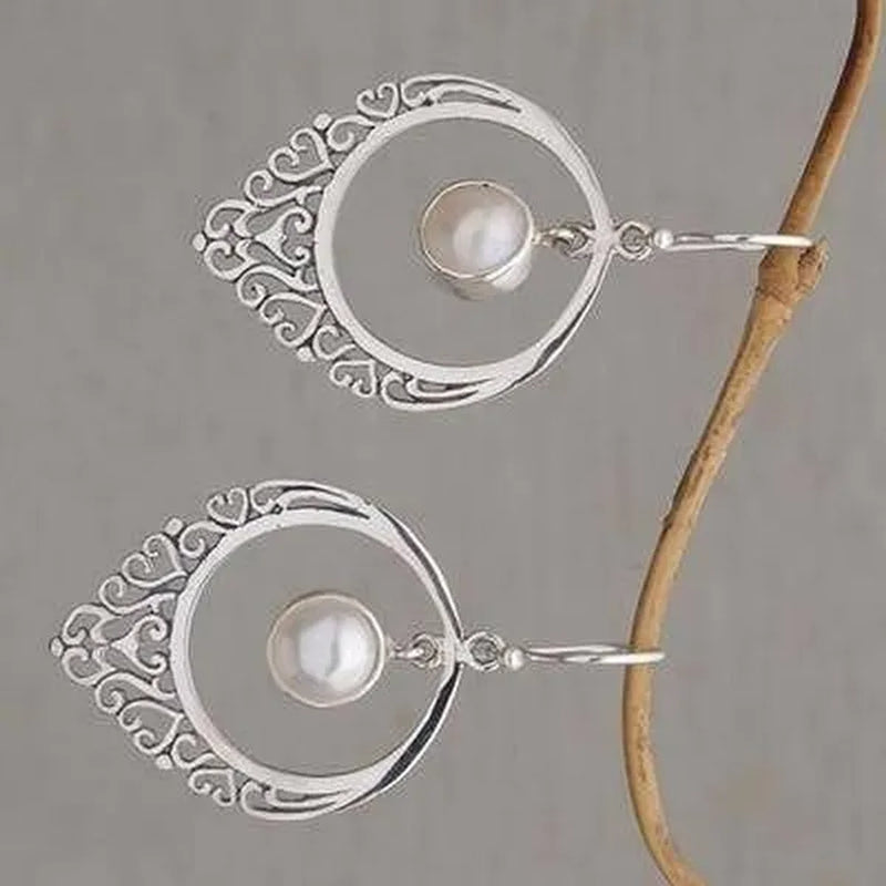 Classic Silver Color Delicate Pattern Engraving Cutout White Pearl Zircon Women'S Stud Earrings Set Bridal Anniversary Christmas Gift Beach Party Jewelry