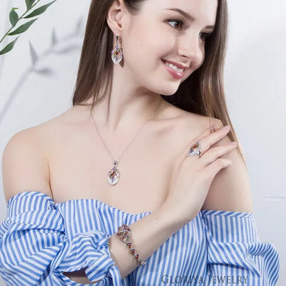 Gloriya Latest Fashion Women Christmas Party Silver Plated Jewelry Set Multicolor CZ Crystal Ring Earrings Bracelet Necklace 4 Pcs Jewelry Sets