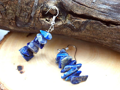 Lapis Lazuli Tumbled Stone Earrings Stacked Small Dangle Raw Crystal Earrings Lightweight Everyday Drop Earrings Blue Stone Dangling Earrings Birthstone Anniversary Gift (Silver + Lapis Lazuli)