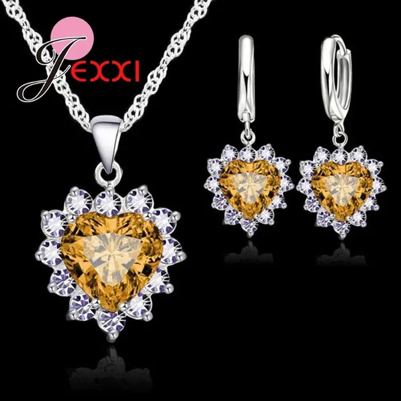 Trendy Heart Austrian Crystal 925 Sterling Silver Pendant Necklaces Earrings Set For Women Wedding Bridal Jewelry Sets