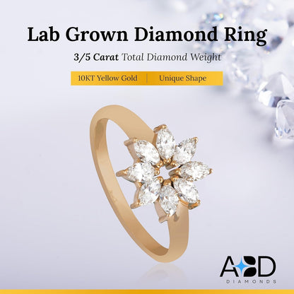 10KT Yellow Gold Marquise Flower Lab-Grown Diamond Ring for Women, Fine Diamond Jewelry, Engagement, Gifts for Her, D,E Color, VS Clarity, 0.6 Carats
